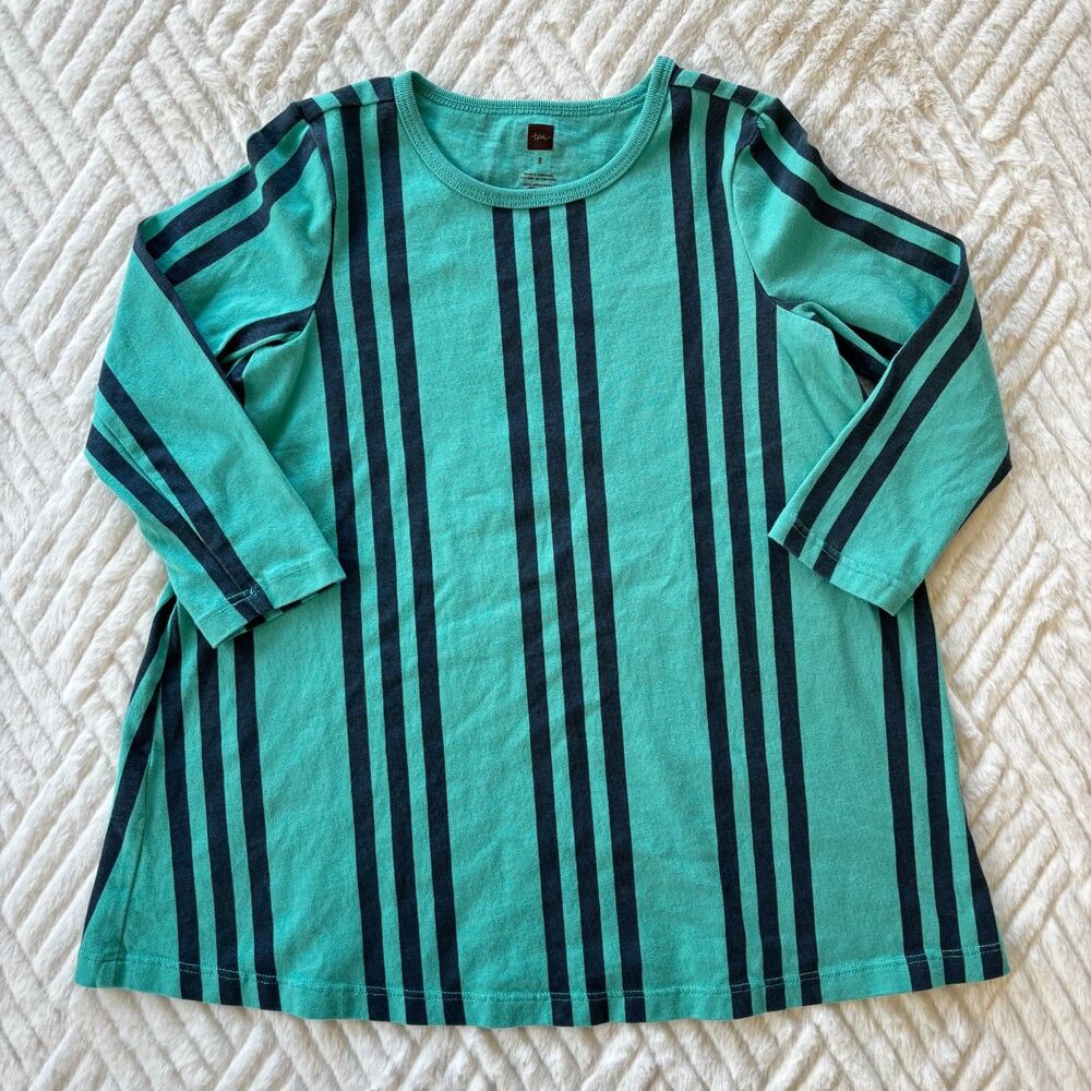 Tea Collection Girls 3T Aqua Blue Striped Trapeze Tunic Dress Long Sleeve